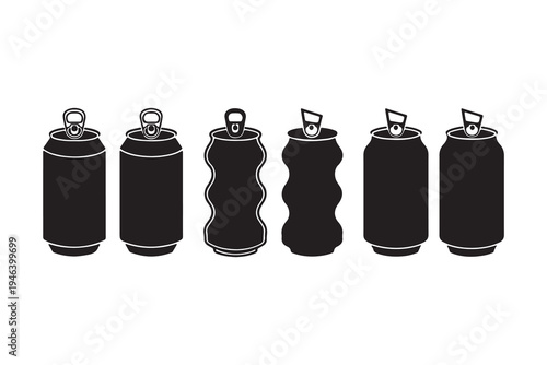 Black silhouettes of various aluminum soda and beer cans in different shapes and sizes.