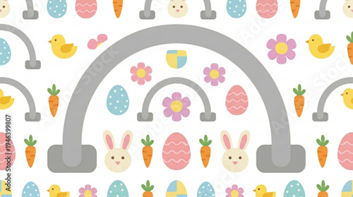 Cute Easter-themed pattern with bunnies, eggs, flowers, and rainbows  