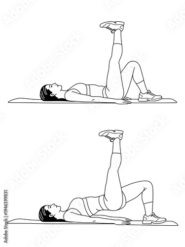 Woman doing exercise vector for core strength and fitness workout,Hand drawn minimalist line art of the exercise pose,Cardio exercises at leg muscles and joints.
