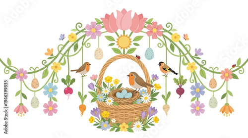 Whimsical spring illustration of birds and floral basket decoration  