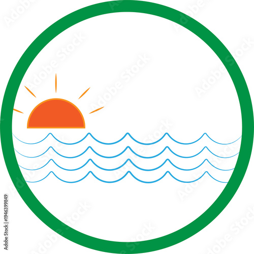 Minimal Sunrise Over Ocean Vector Icon – Flat Sun and Sea Waves Illustration for Nature, Travel, Summer and Landscape Design