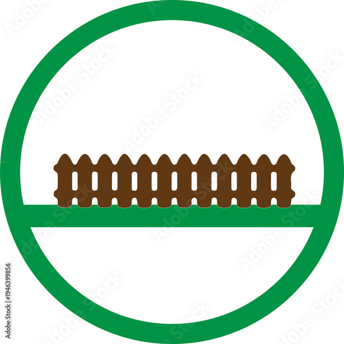 Minimal Brown wooden picket fence on green grass icon in a circle | Urban Design