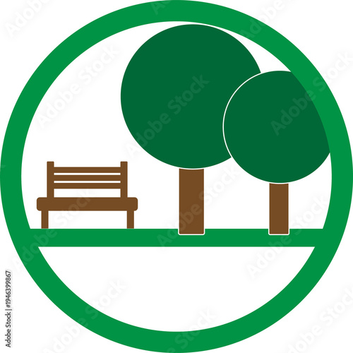 Minimal Park Trees and Bench Vector Icon – Flat Urban Nature Landscape Illustration for Garden, Outdoor, Recreation and City Park Design