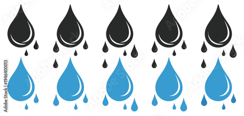 Water Drop and Oil Drop Icon Set, Fluid and Liquid Shape Symbols, Water and Oil Vector Illustrations, Environmental and Industrial Concept Icons for User Interface