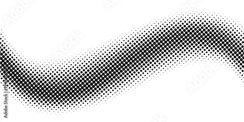 Black halftone dot wave pattern. Abstract grain fluid texture. Dotted curve wallpaper. Grit undulate swoosh overlay for poster, banner, brochure, flyer, leaflet, brochure. Vector rasterized background