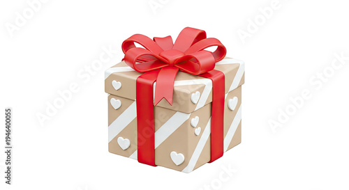 Gift box with red ribbon and heart decorations