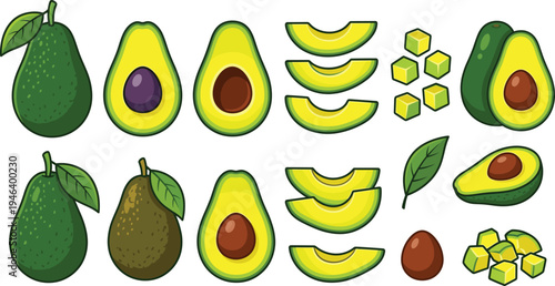 Avocado fruit vector illustration set with whole avocado, halves with seed, slices, cubes and leaves isolated healthy food elements