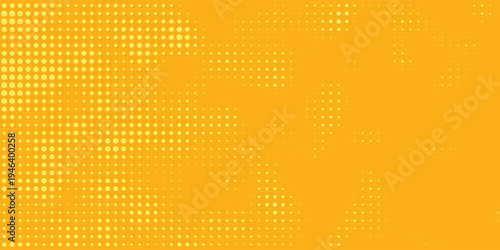 Yellow halftone pattern. Retro comic gradient background. Bright orange pixelated dotted texture overlay. Cartoon pop art faded gradient pattern. Vector backdrop for poster  banner  advertisement