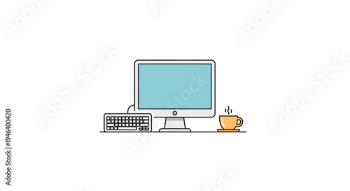 Computer Monitor with Keyboard and Cup.