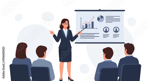 Businesswoman presenting financial report with charts on screen to colleagues in meeting