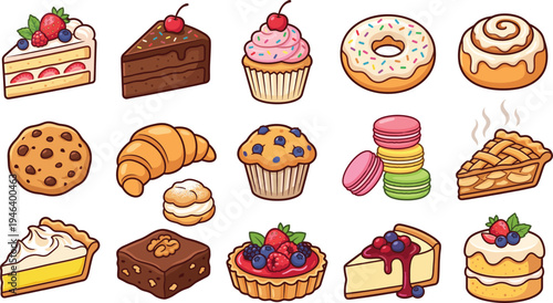 Bakery dessert icon set with cake slices, donut, cupcake, croissant, macarons, cookies and fruit tart vector illustration collection