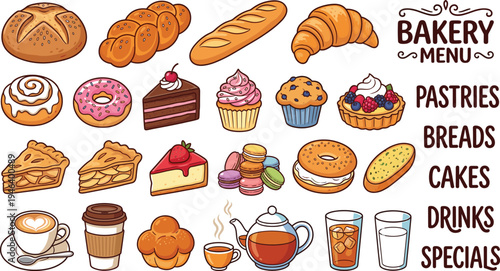Bakery menu vector illustration with breads, pastries, cakes, donuts, croissant, coffee, tea and dessert icons for cafe restaurant menu design
