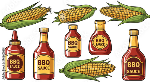 BBQ sauce bottles and fresh corn cobs vector illustration set with sweet corn ears and barbecue condiment containers isolated food elements