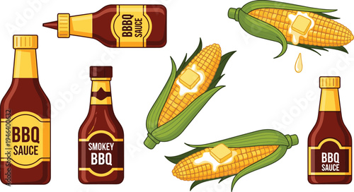 BBQ sauce bottles and grilled corn vector illustration set with buttered corn cobs, barbecue condiment containers and summer barbecue food elements
