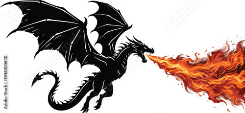 Flat vector illustration of dragon, mythical creature, fantasy art, fire breathing beast, folklore symbol, winged silhouette, storytelling design, powerful action
