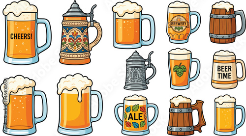 Beer mug and Oktoberfest beer stein vector illustration set with frothy lager glasses, traditional brewery mugs and ale drink icons