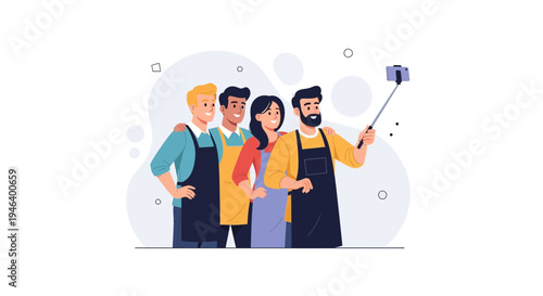 Diverse team taking a selfie with a selfie stick, smiling and happy, wearing aprons