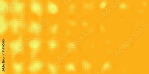 Yellow halftone pattern. Retro comic gradient background. Bright orange pixelated dotted texture overlay. Cartoon pop art faded gradient pattern. Vector backdrop for poster  banner  advertisement