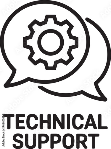 Graphic representation of technical support with a gear inside a speech bubble and text below