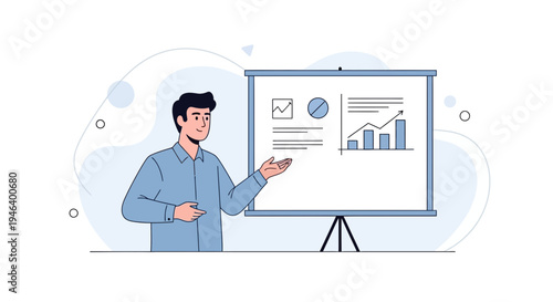Man presenting business growth chart on a whiteboard during a presentation