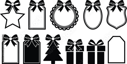 Flat vector illustration of holiday labels, Christmas tags, festive gift boxes, decorative bows, seasonal frames, crafting design, winter celebration