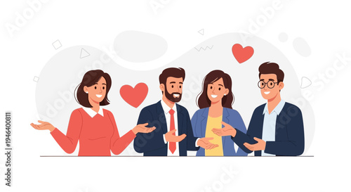 Diverse business team sharing ideas and positive emotions with heart symbols