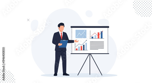 Businessman presenting financial charts and graphs on a whiteboard during a presentation