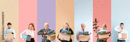 Set of dismissed workers on color background