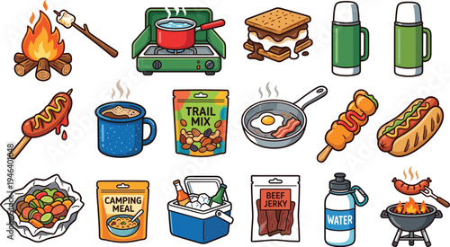 Camping food and outdoor cooking vector illustration set with campfire, hot dog, trail mix, thermos, frying pan and camping meal icons
