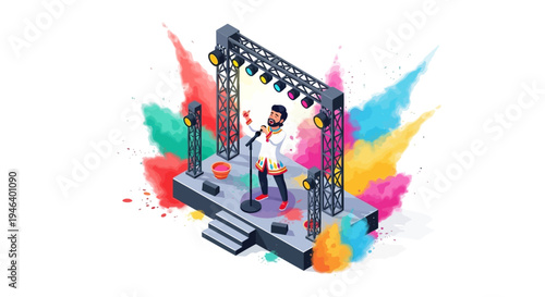 Illustration of a man on a stage with a microphone surrounded by colorful powder splashes and lights, celebrating Holi festival with a vibrant and lively atmosphere.