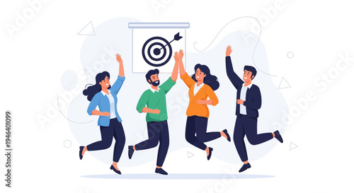 Teamwork success: people celebrating achieving business goals with high five and target board