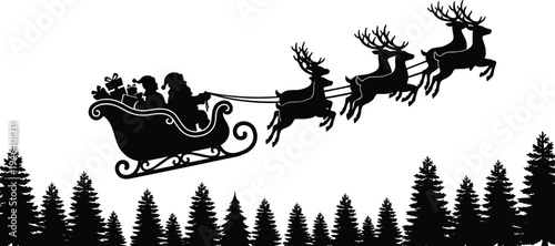 Flat vector illustration of Santa Claus sleigh, reindeer silhouettes, Christmas holiday scene, festive winter celebration, gift delivery, seasonal artwork