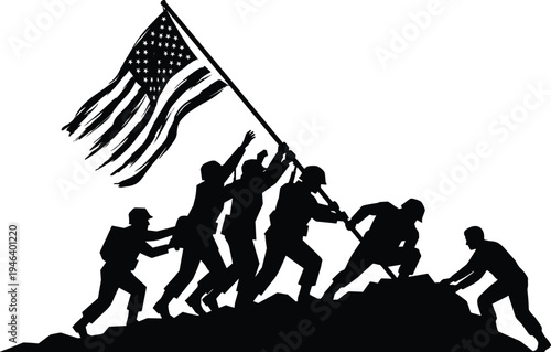 Flat vector illustration of soldiers raising American flag, military silhouette, patriotism symbol, unity, bravery, wartime commemoration, heroic teamwork design