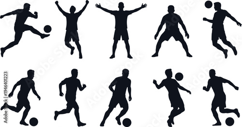 Flat vector illustration of soccer players, athletic silhouettes, football action poses, dribbling, kicking, running, sports design, dynamic movement artwork
