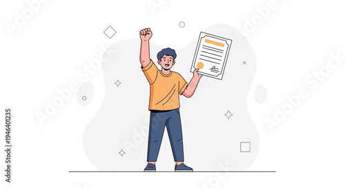 Man celebrating success holding a certificate, diploma, or award with a raised fist