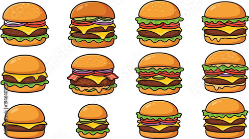 Cheeseburger fast food vector illustration set with different burger styles, beef patties, cheese, lettuce and tomato isolated food icons
