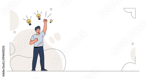 Man with raised fist and lightbulbs symbolizing ideas and success