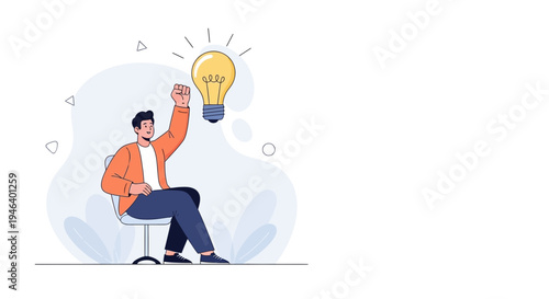 Man Sitting with Light Bulb Overhead, Idea Generation, Innovation, Success