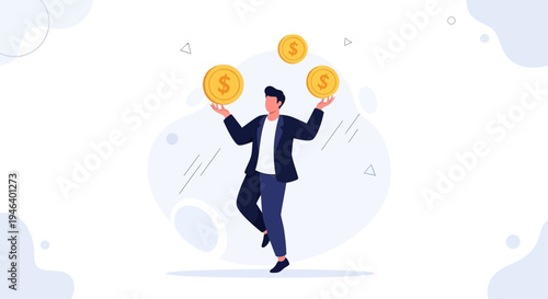 Man Juggling Golden Coins, Financial Success Concept, Business Growth Illustration