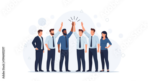 Diverse team celebrating success with high fives, teamwork and achievement concept