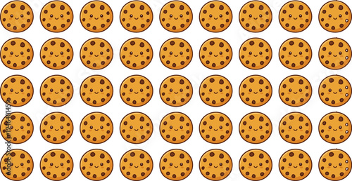 Chocolate chip cookie pattern vector illustration with repeating round cookies and chocolate chips sweet bakery dessert background