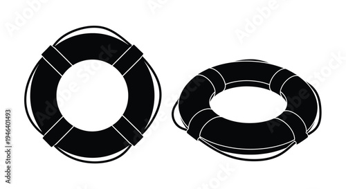 Two black and white illustrations of life preservers are shown