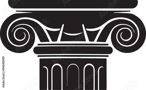 Black and white illustration of a greek ionic column capital and base