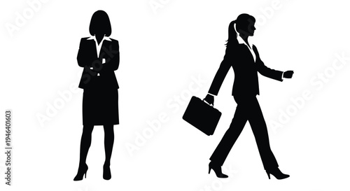 Two silhouettes of professional women in business attire are shown