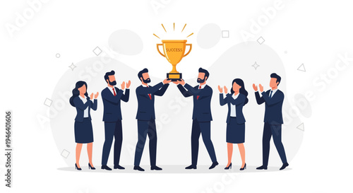 Team celebrating success holding a golden trophy, business achievement, teamwork, victory