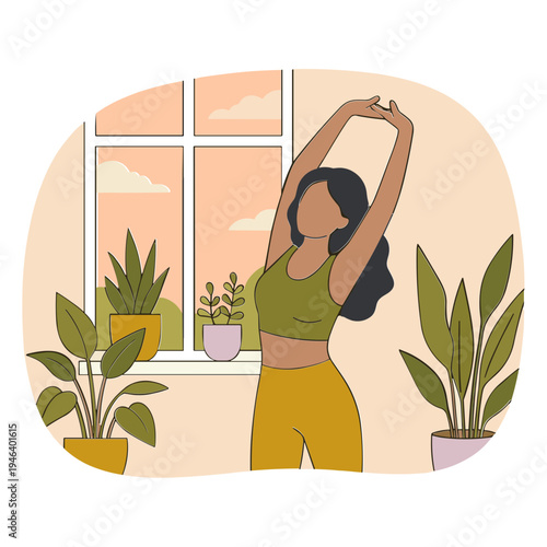 Woman stretching in front of a window with plants indoors at sunrise