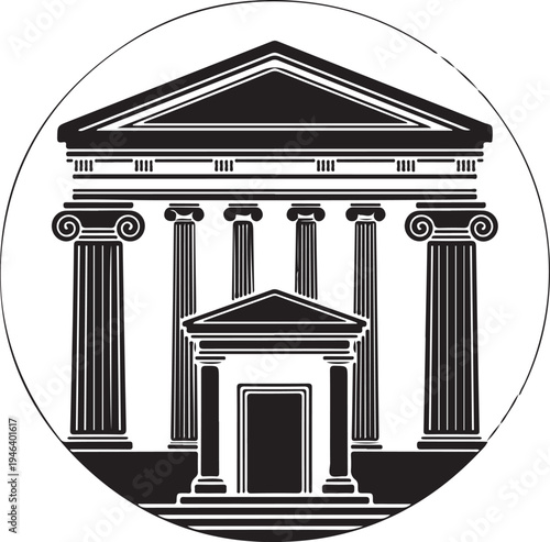 Black and white illustration of ancient Greek temple architecture in circle