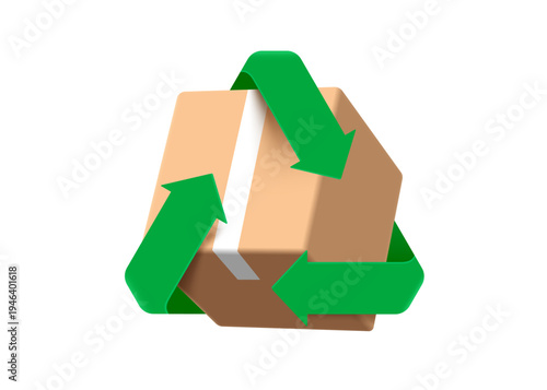 Green recycle logo or icon circle around cardboard box or paper box to promote the Global Recycling Day waste separation campaign, vector 3d illustration isolated on white background for design