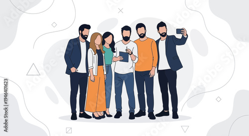Diverse group of friends taking a selfie, modern flat illustration style