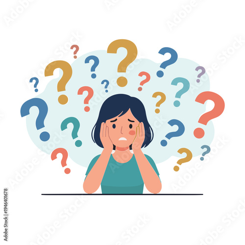 Woman surrounded by colorful question marks looks puzzled indoors with confusion.